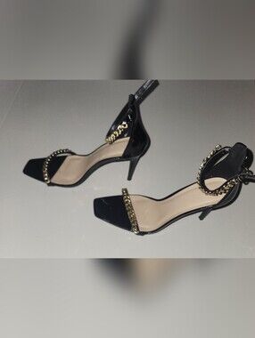 Black Patent Gold Chain-Trim High Heel Open Toes Charlotte Russe Size 9